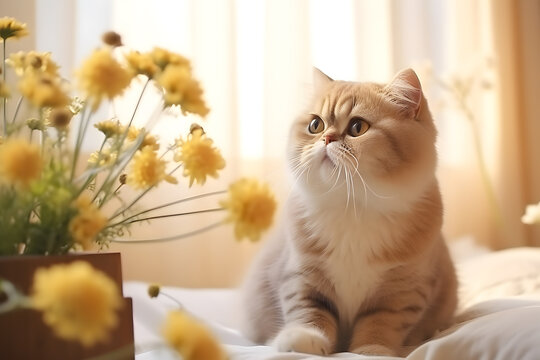 A cute Scottish Fold cat is taking pictures against a white and gold backdrop.