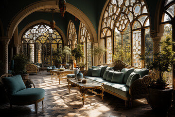 Architecture intérieur luxueux au maroc, hôtel, restaurant, riad. Luxurious interior architecture in Morocco, hotel, restaurant, riad. - obrazy, fototapety, plakaty