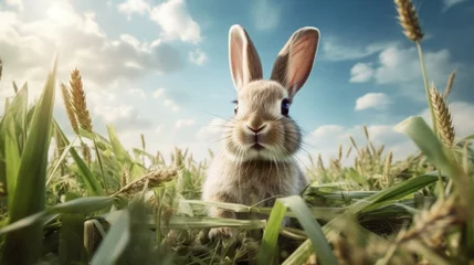 Fotobehang Rabbit eat grass in the middle of the green field at sunny day. AI generated © artpray