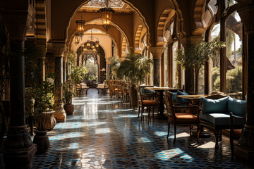 Architecture intérieur luxueux au maroc, hôtel, restaurant, riad. Luxurious interior architecture in Morocco, hotel, restaurant, riad. - obrazy, fototapety, plakaty