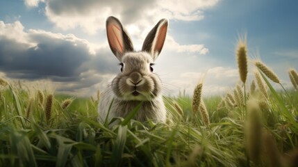 Rabbit eat grass in the middle of the green field at sunny day. AI generated