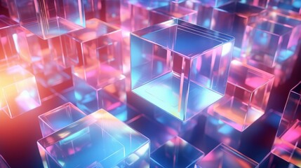 3d rendering Cubic holographic geometric shapes with glossy metallic reflection background - 689127141