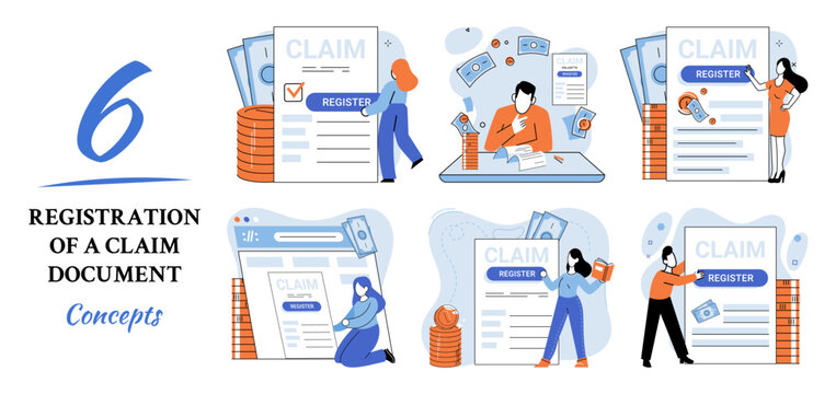 Claim vector illustration. Register your claim effortlessly, turning complex paperwork into straightforward process Compensate wisely by navigating claim form with clear financial statement Turn