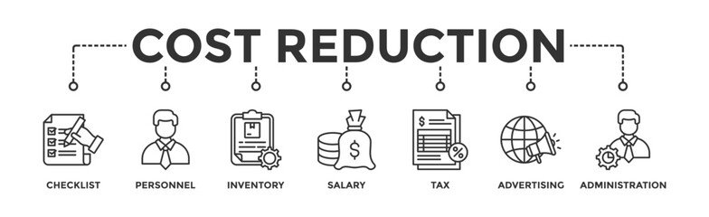 Cost reduction banner web icon glyph silhouette with icon of checklist, personnel, inventory, salary, tax, advertising and administration