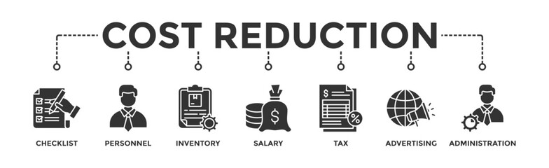 Cost reduction banner web icon glyph silhouette with icon of checklist, personnel, inventory, salary, tax, advertising and administration