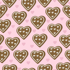 Seamless pattern with hand drawn gingerbread cookies. Background with bakery for Valentine's Day. Winter doodles for love holidays