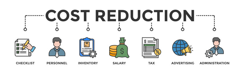 Cost reduction banner web icon glyph silhouette with icon of checklist, personnel, inventory, salary, tax, advertising and administration