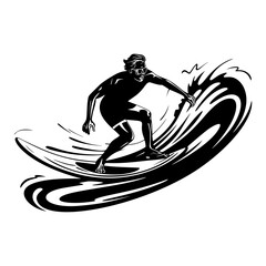 Cartoon vector illustration of Surfing man with serf over dark backround.
