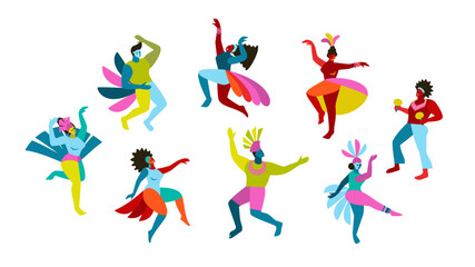Vector isolated abstract illustrations of funny dancing men and women in bright costumes. Brazil carnival.