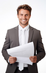 Businessman in gray suit, Happy smile holding white sheet of paper on a white background in the studio, white business professional. Generative AI.