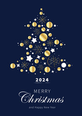 Luxury Christmas Greeting card design vector. Christmas tree art on dark blue background. 
Design illustration for cover, greeting card, print, poster, wallpaper