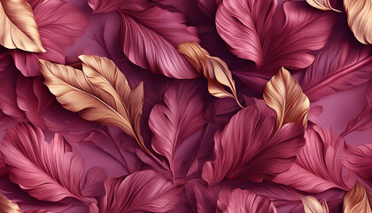 pink background with gold embossed leaves, seamless repeating pattern created with Generative Ai