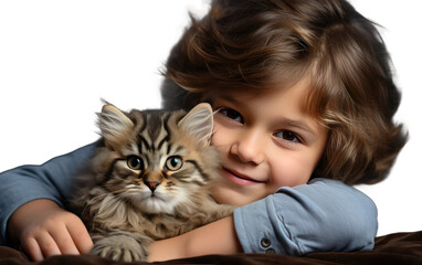 Silky Hair Boy With His Cute Kitten Isolated on a Transparent Background PNG.