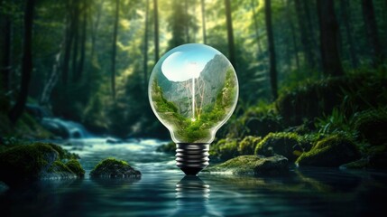 Closeup light bulb in the forest, ecology concept 
