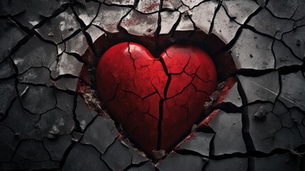 Broken red heart inside of cracked stone - obrazy, fototapety, plakaty