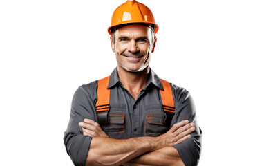 Smiling Face Male Bricklayer With Safety And Crossed Arms Isolated on a Transparent Background PNG. - obrazy, fototapety, plakaty