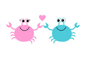 Cute cartoon couple of crabs in love isolated on white background. Valentine card. 