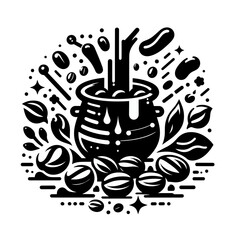 set of coffee beans in bag in graphic style hand-drawn vector illustration.