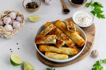 Turkish Cigara Börek (Sigara böreği) or Cigarette Pastry with Spinach and Feta Cheese with yogurt dip. Finger food. Spring rolls. Top view