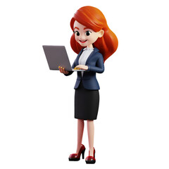 3d illustration of young women businessman with laptop character cartoon