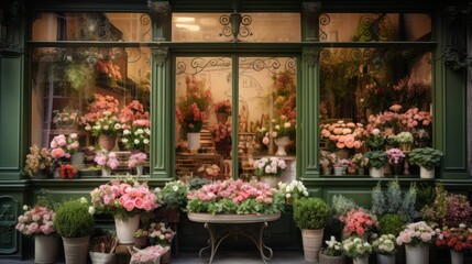 Typical French florist shop showcase with beautiful flowers, atmospheric vintage green windows.