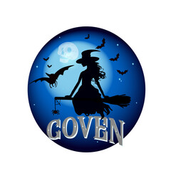 A witch sitting on a broom in front of a full moon