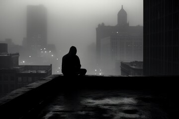 The silhouette of a man, conveying a palpable sense of depression, sits alone on the roof of a towering building - obrazy, fototapety, plakaty