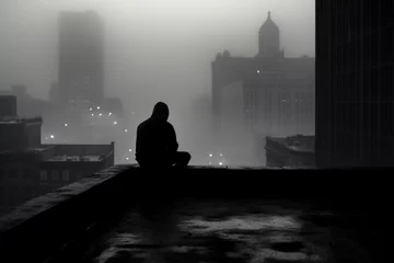 Fotobehang The silhouette of a man, conveying a palpable sense of depression, sits alone on the roof of a towering building © Radmila Merkulova