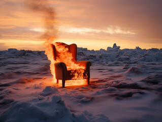 burning chair in an arctic landscape