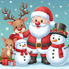 Vector illustration of Santa Claus and snowman with christmas tree on background