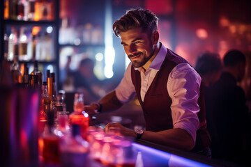 Bartender making a cocktail at a bar. Sexy barman pouring mixes liquor ingredients cocktail drink at night club