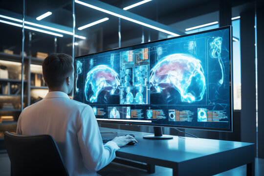 A doctor looking at TV screen, analyzing brain, head and other parts of the body with scan MRI image