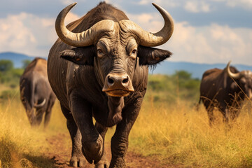 Fototapeta premium African buffalo in savanna, National Reserve created with Generative Ai