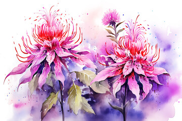 Watercolor Pink Bee Balm or Monarda Background - obrazy, fototapety, plakaty