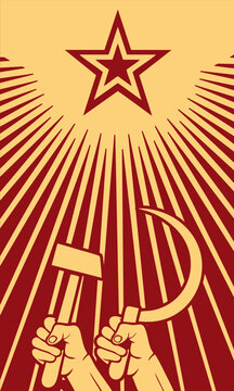 Soviet red propaganda poster of the Cold War, raised in the air fist, sickle and the star of communism. THE USSR. Vector