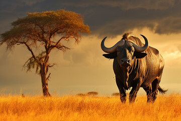 Obraz premium African buffalo in savanna, National Reserve created with Generative Ai