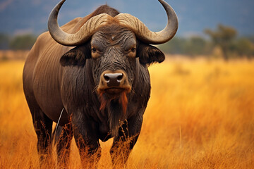Naklejka premium African buffalo in savanna, National Reserve created with Generative Ai