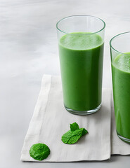 Freshly prepared glass of green smoothie, closeup. Fresh vegetable smoothie on a light background. 