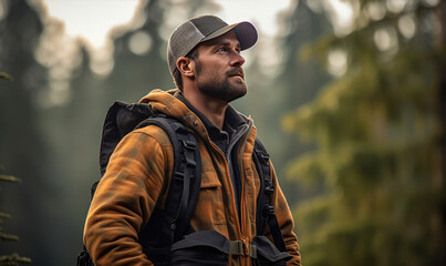 Obraz premium Lumberjack standing in front of wood pile in forest. Logger man