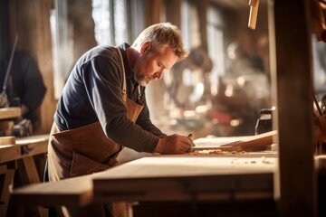 A skilled and experienced carpenter passionately engages in the creation of wooden furniture within a workshop