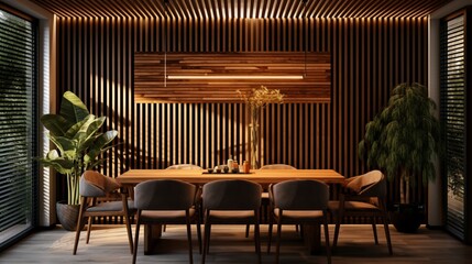 A cozy dining room with a wooden slatted ceiling design, incorporating warm, pendant lighting over the dining table - obrazy, fototapety, plakaty