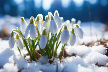 Snowdrops Flowers growing through snow, Spring awakening of nature