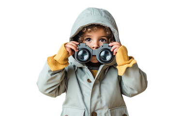 Little Girl Wearing Casual Cloth Holding Telescope Isolated on a Transparent Background PNG.