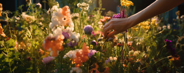 Wild flowers picking by hands at flower farm.