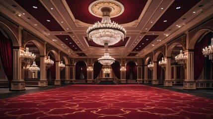 A grand ballroom with a dramatic, coffered ceiling in a deep burgundy color, accented with gold and crystal chandeliers - obrazy, fototapety, plakaty