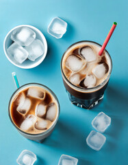 Fototapeta na wymiar Iced coffee cups isolated on blue background, top side view, view from above, delicious iced latte coffee drink in glasses with ice cubes, straw, cold beverage,