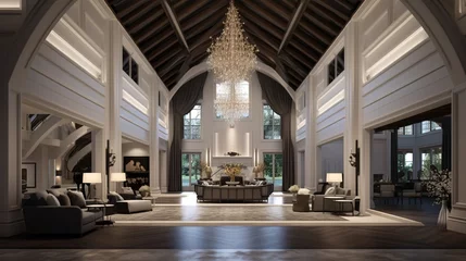 Photo sur Plexiglas Cathedral Cove A grand foyer with a high, vaulted ceiling featuring a large, modern chandelier and indirect cove lighting