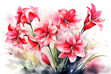 Watercolor Red Amaryllis Flower Art Background