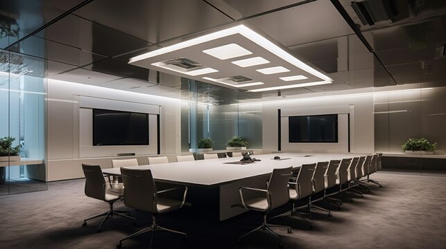 A high-tech conference room with a modular ceiling grid system, integrating lighting, ventilation, and audiovisual equipment