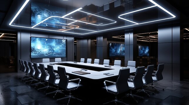 A high-tech conference room with a modular ceiling grid system, integrating lighting, ventilation, and audiovisual equipment - Powered by Adobe